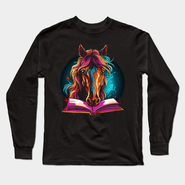 Horse Reads Book Long Sleeve T-Shirt by JH Mart